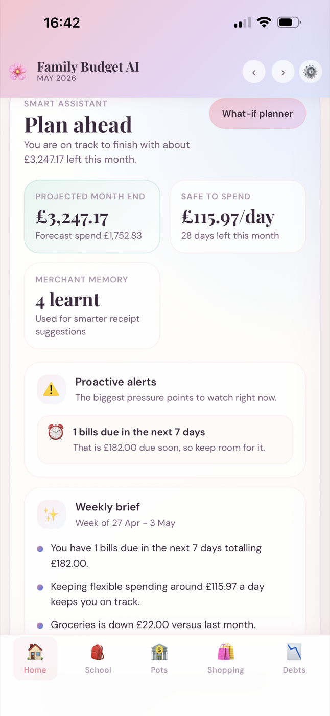 Family Budget AI what-if planner screen